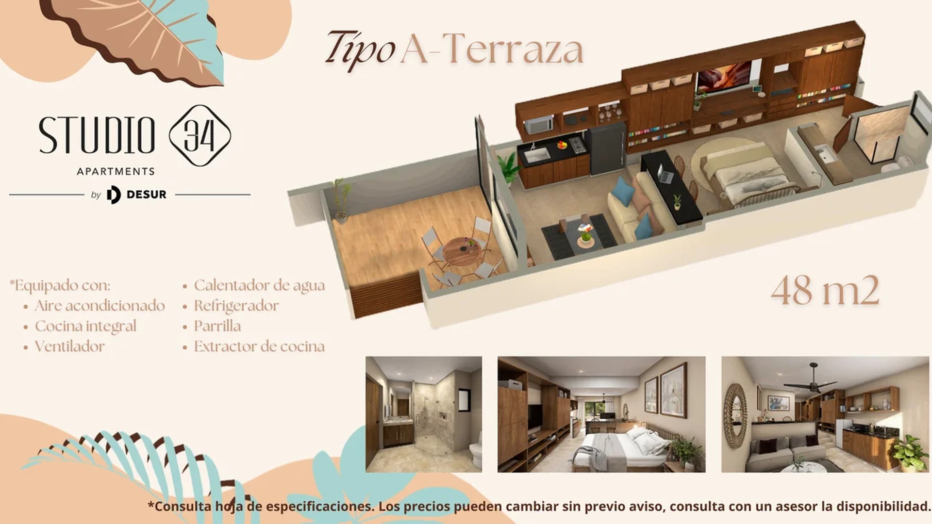 Image of a Studio Apartment, featuring Private Terrace and Open-Concept Layout.