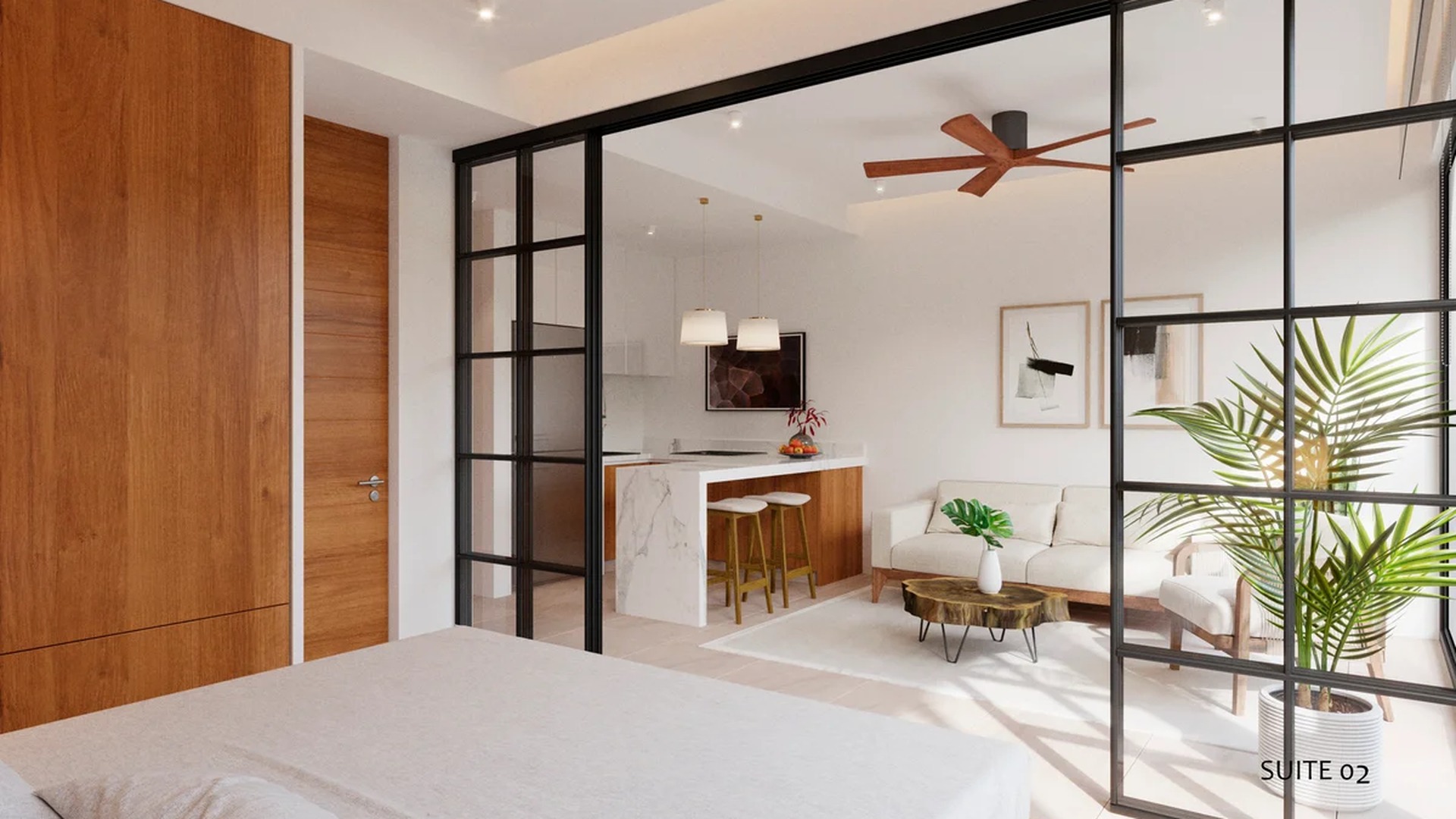 Image of a Open Concept Suite, featuring Glass Partition Wall and Modern Kitchenette.