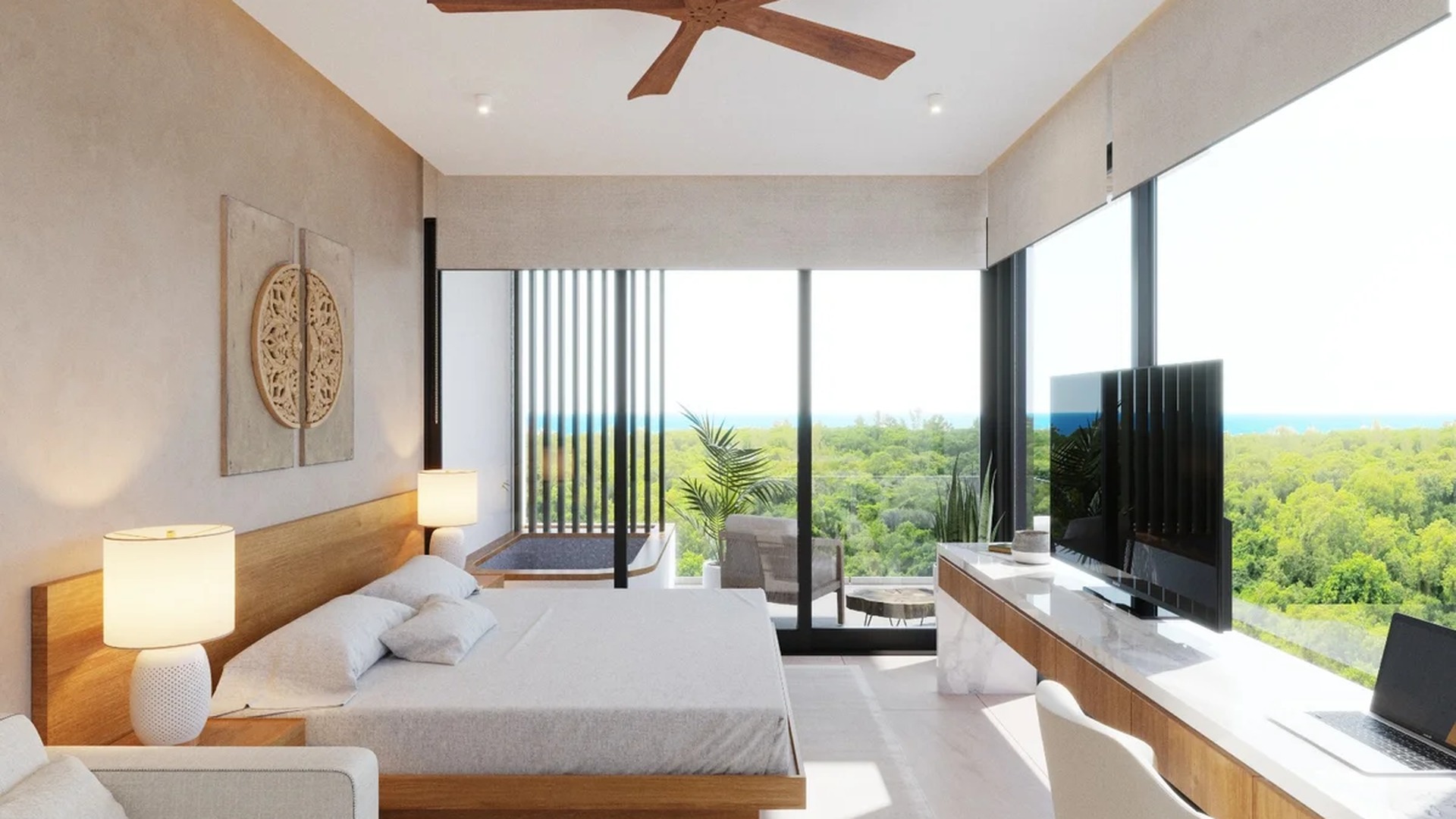Image of a Luxury Bedroom, featuring Floor-to-Ceiling Windows and Ocean View.