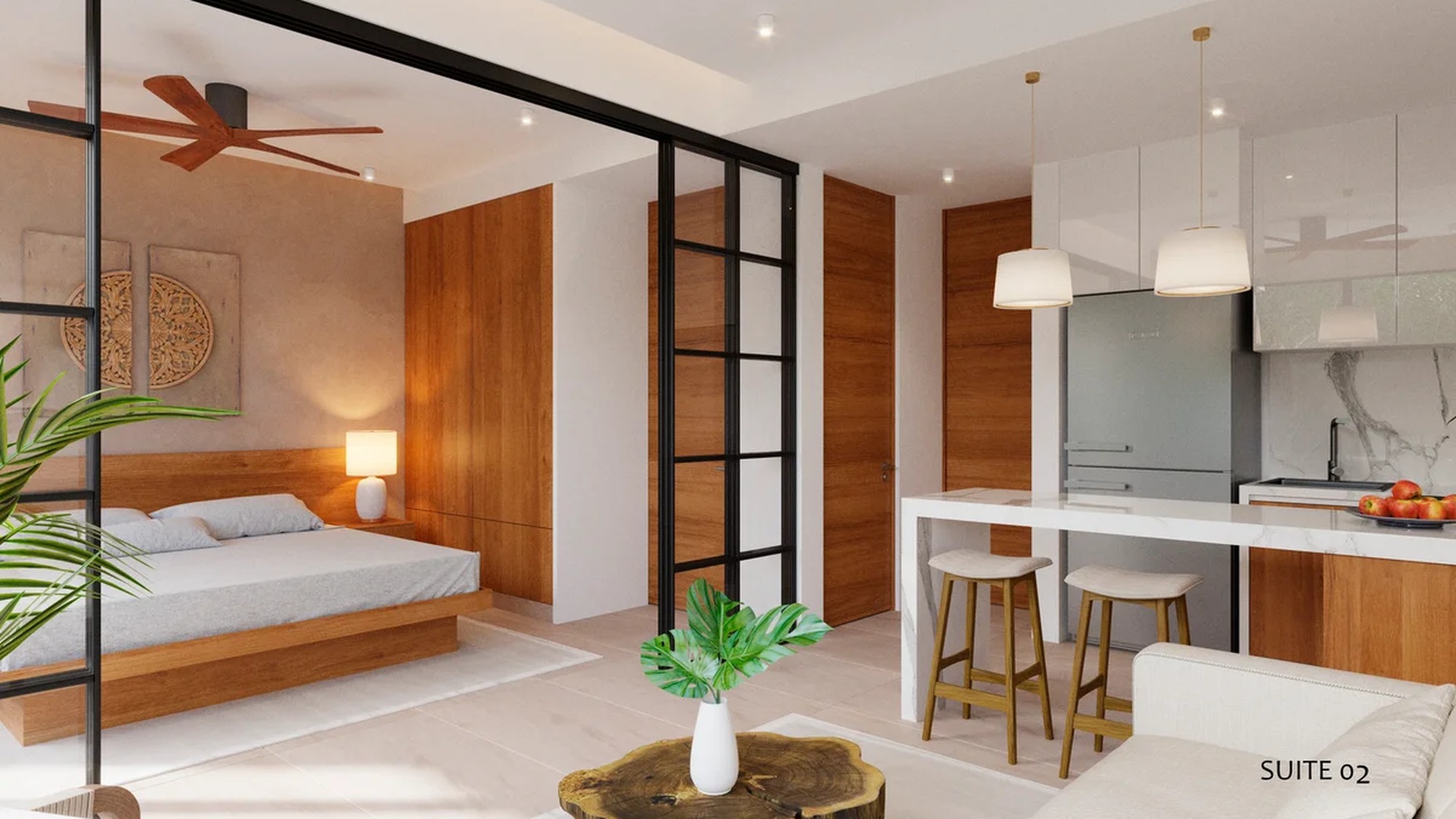 Image of a Open-Concept Suite, featuring Modern Kitchenette and Breakfast Bar.