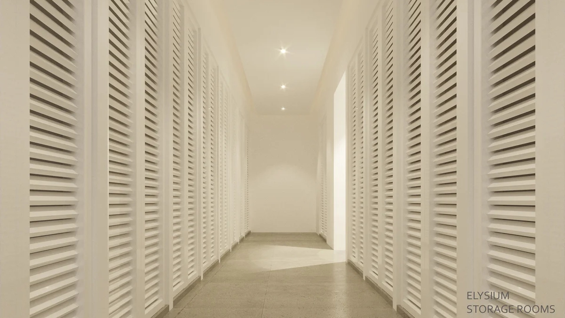 Image of a Private Storage Rooms, featuring Minimalist Corridor and Louvered Doors.