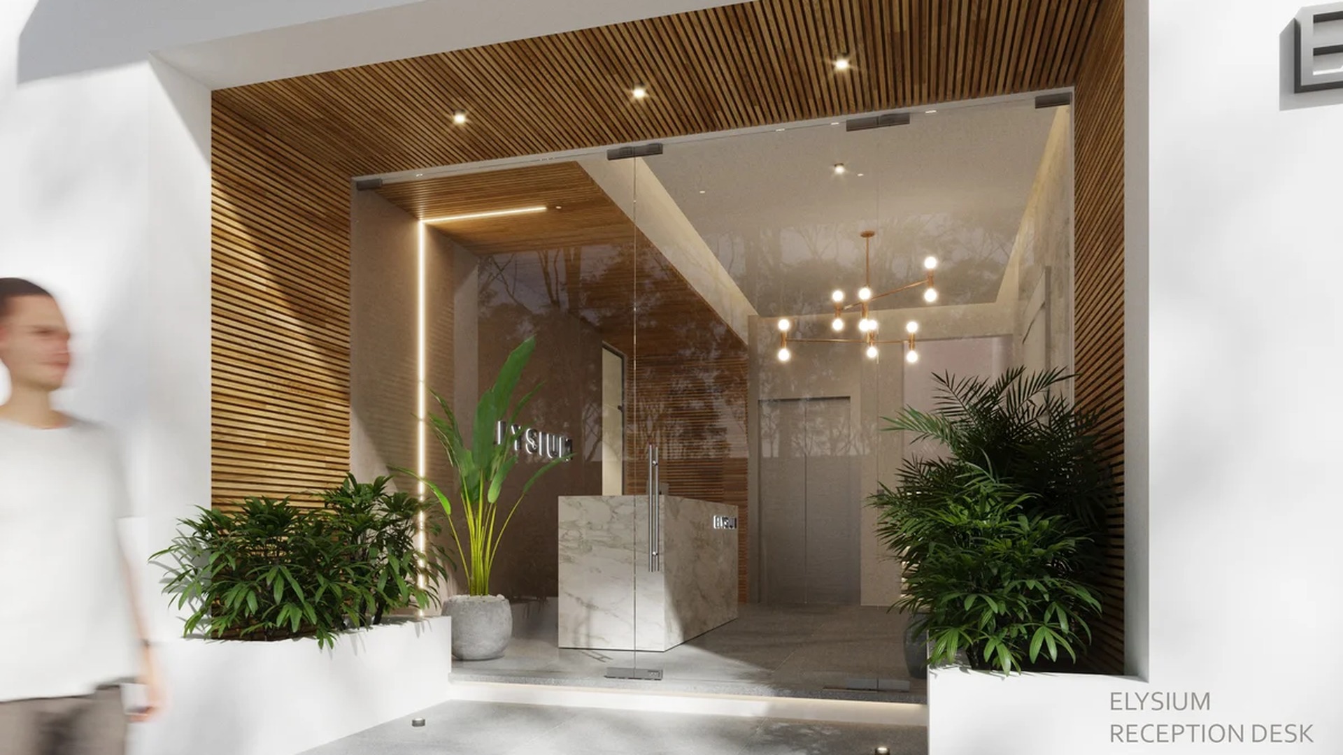 Image of a Lobby Entrance, featuring Contemporary Design and Marble Reception Desk.