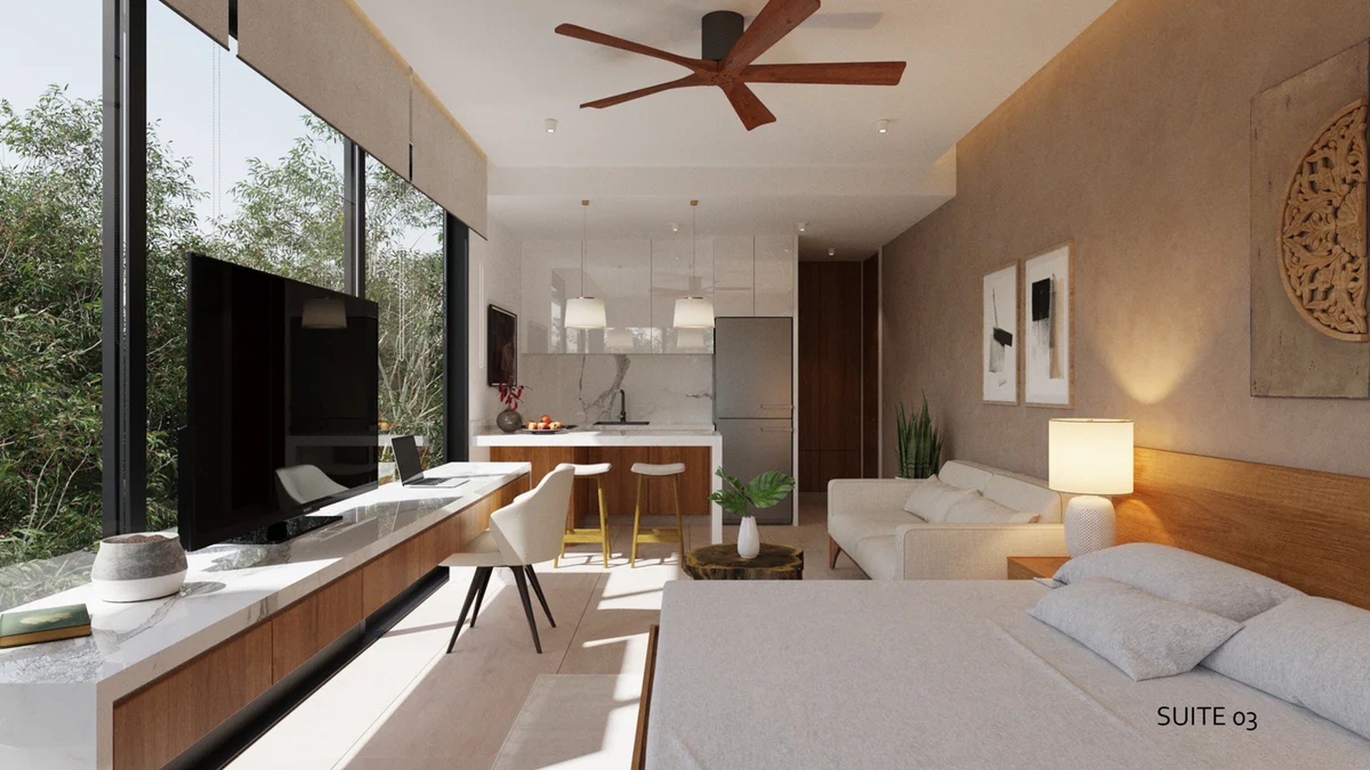 Image of a Studio Suite, featuring Open Concept Living and Floor-to-Ceiling Windows.