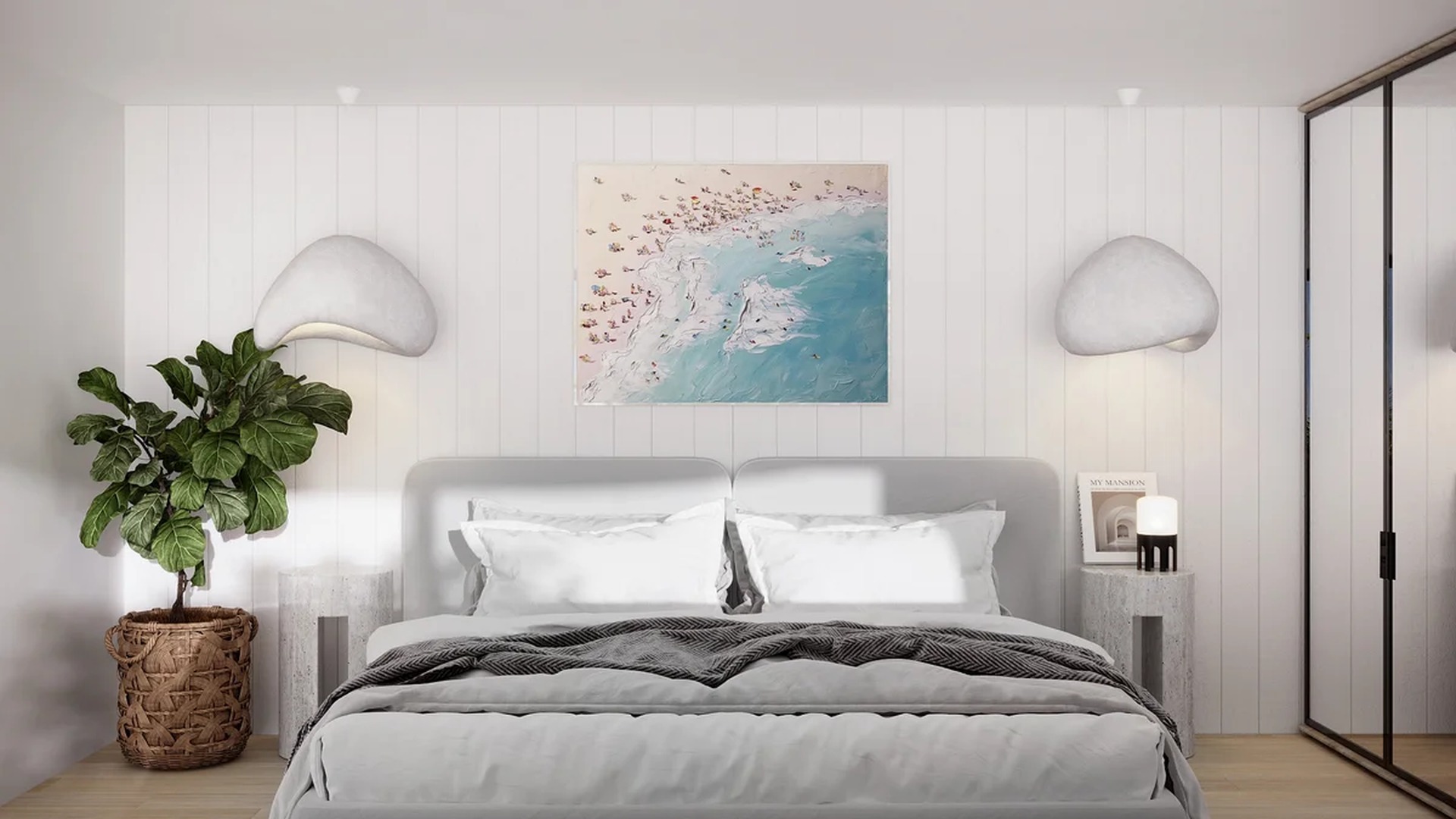 Image of a Modern Bedroom, featuring Light Wood Flooring and Shiplap Accent Wall.