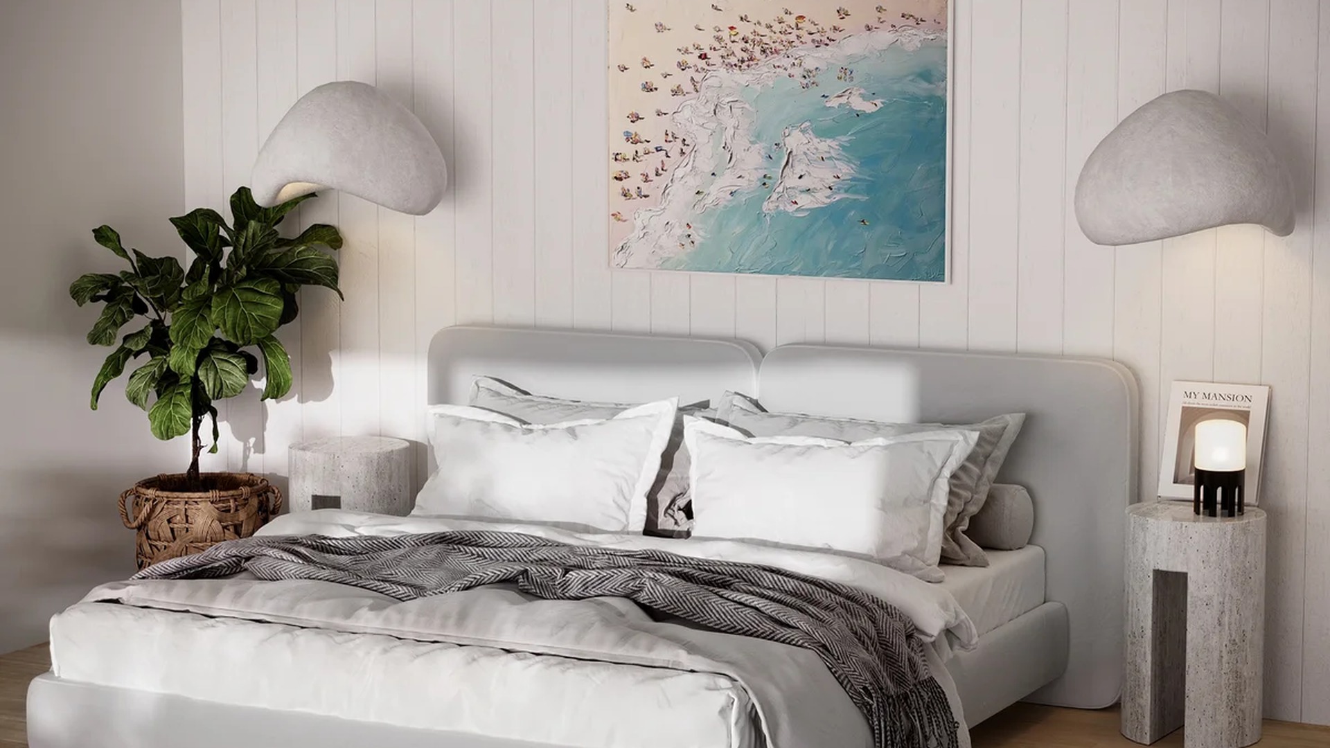 Image of a Stylish Bedroom, featuring Shiplap Accent Wall and Coastal Modern Decor.