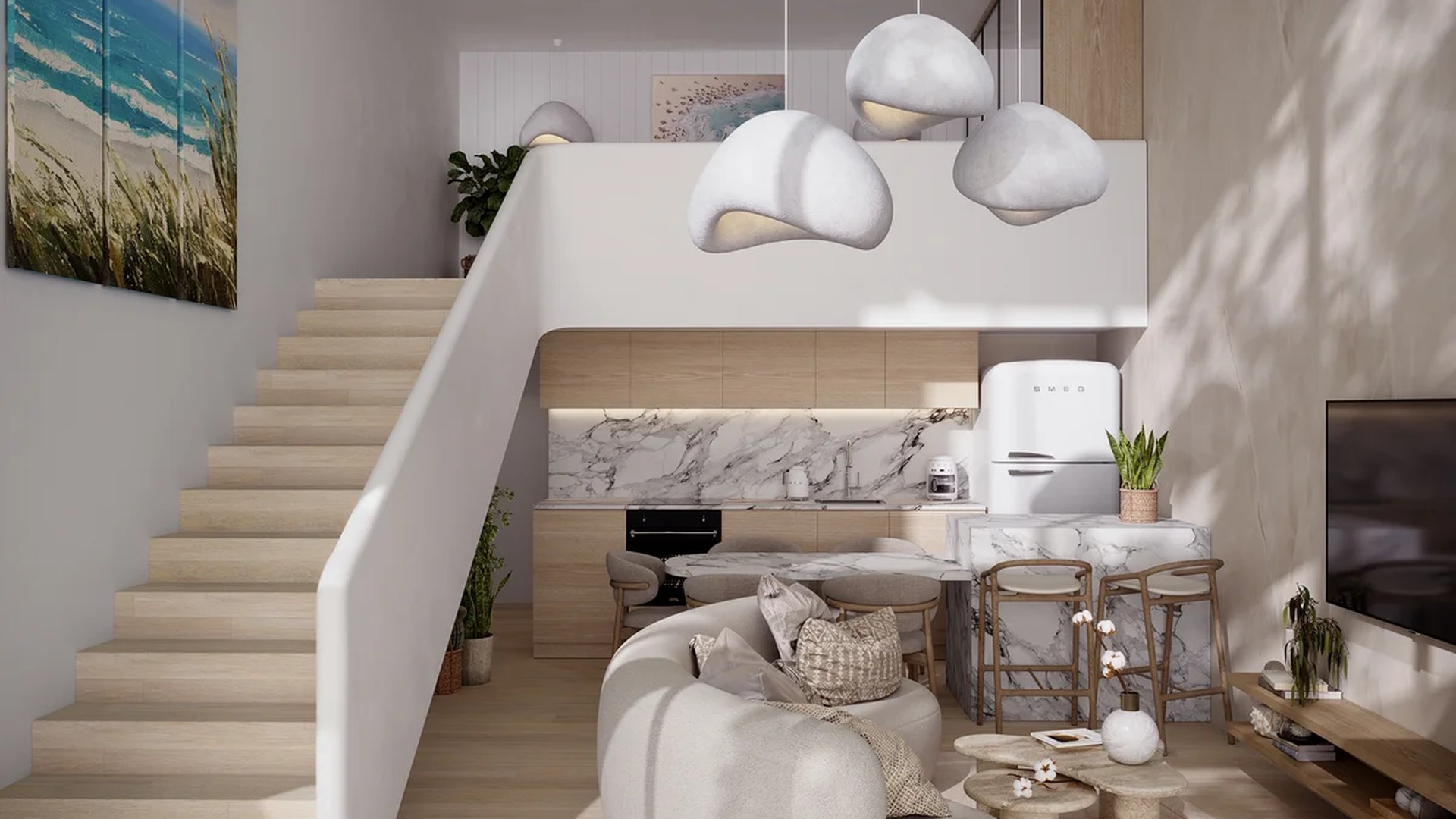 Image of a Open-Plan Living, featuring Modern Kitchen and Loft-Style Apartment.