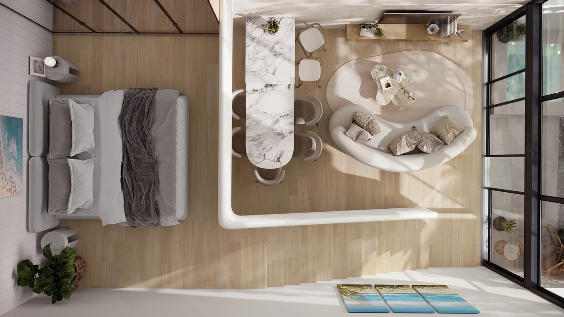 Image of a Open Concept Living, featuring Studio Apartment and Light Wood Flooring.