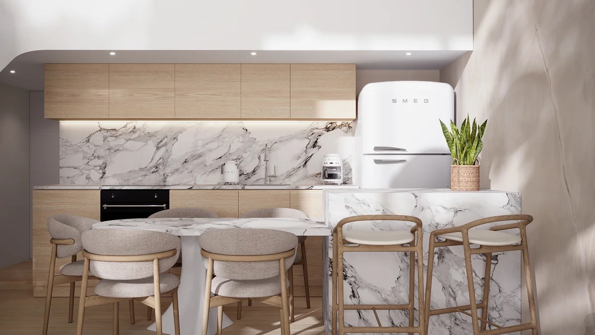 Image of a Modern Kitchen, featuring Marble Countertops and Breakfast Bar.