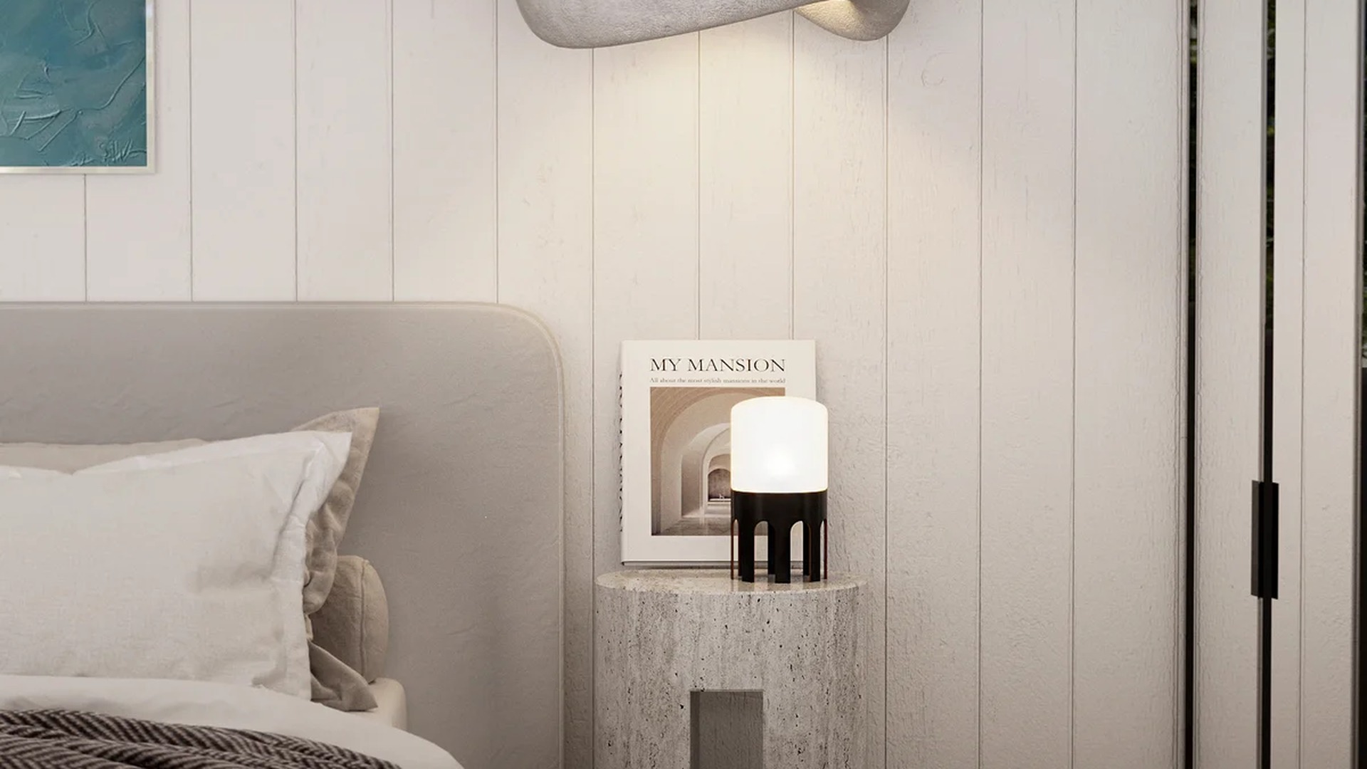 Image of a Modern Bedroom, featuring Vertical Paneled Walls and Light Wood Flooring.