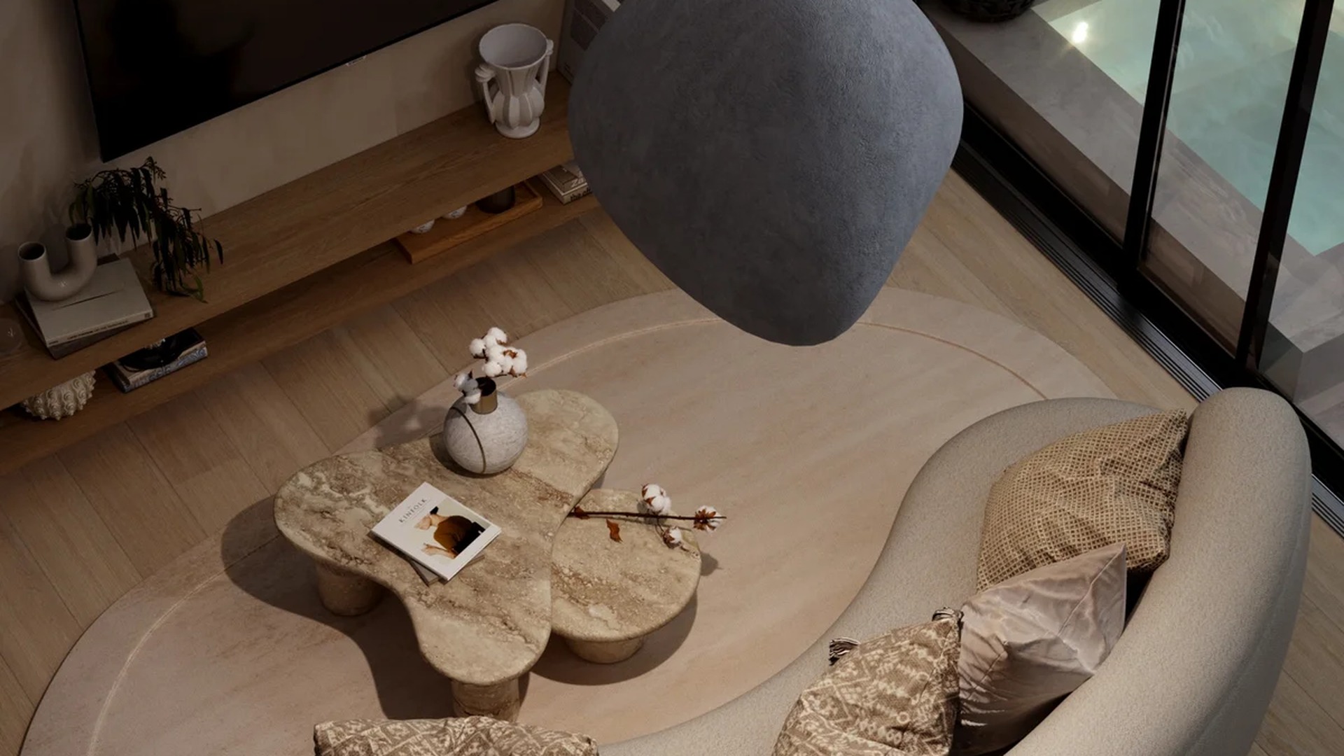 Image of a Modern Living Room, featuring Designer Pendant Lights and Curved Sofa.