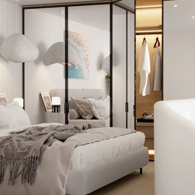 Image of a Modern Bedroom, featuring Walk-In Closet and Integrated Closet Lighting.