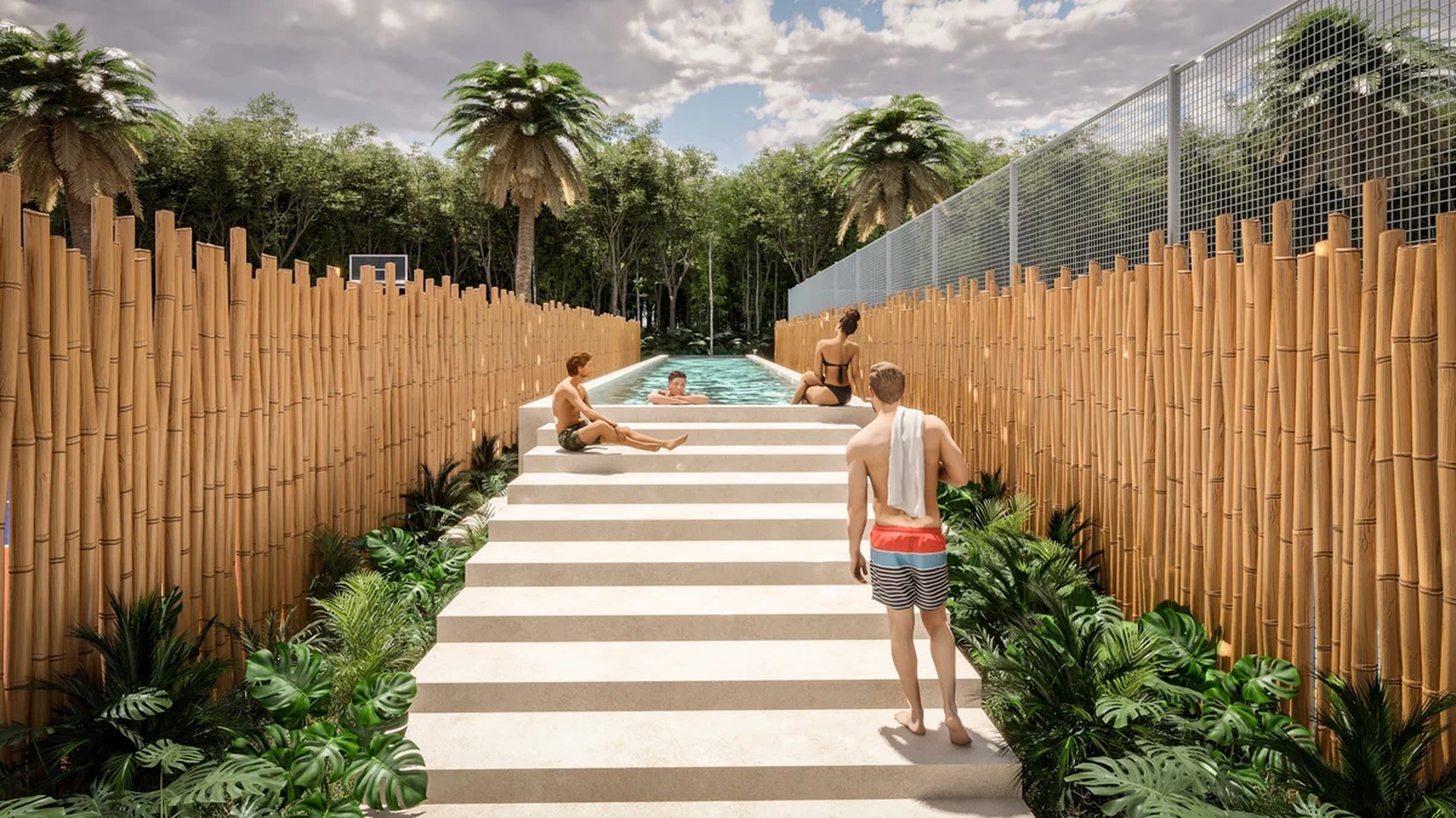Image of a Resort-Style Pool, featuring Lush Tropical Garden and Tiered Pool Deck.