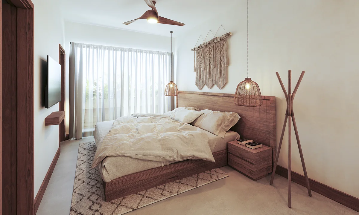 Image of a Modern Bedroom, featuring Wood Accent Furniture and Boho-Chic Decor.