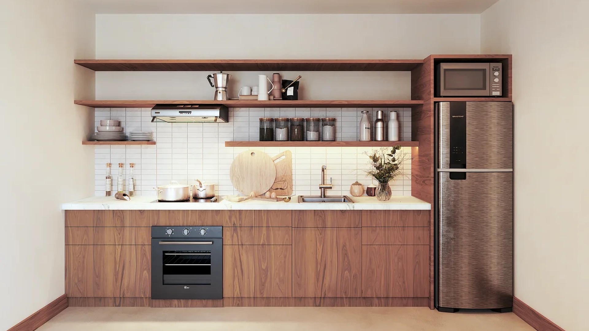 Image of a Modern Kitchenette, featuring Wood Cabinetry and Marble Countertops.