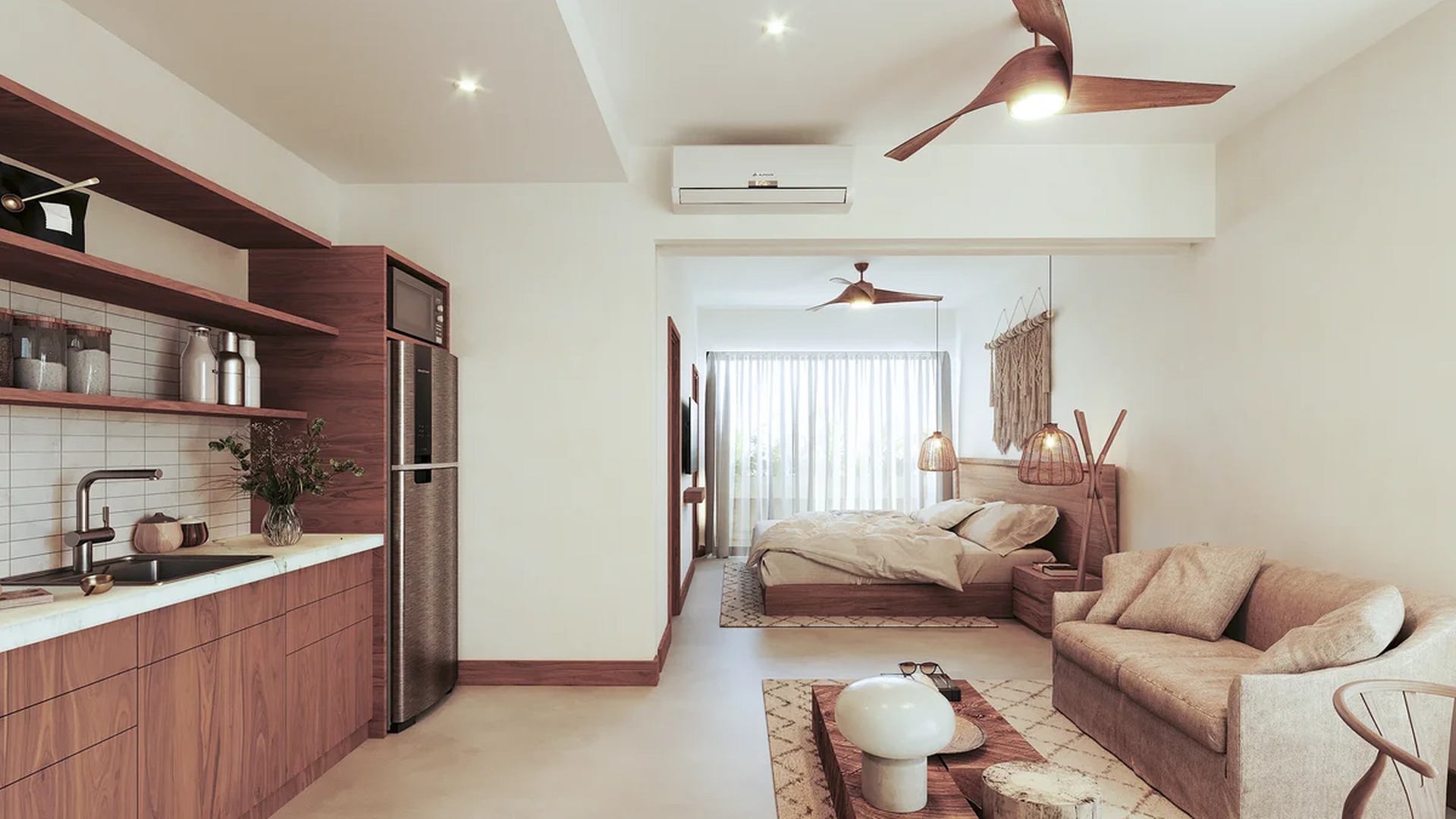 Image of a Studio Apartment, featuring Open Concept Layout and Wooden Cabinetry.