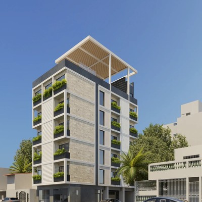 Image of a Modern Apartment Building, featuring Rooftop Pergola and Contemporary Architecture.