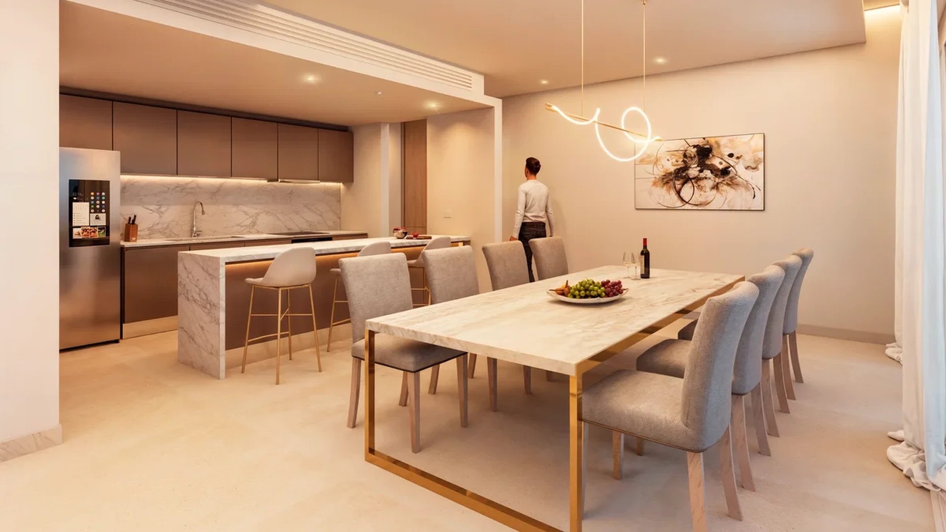 Image of a Open Plan Kitchen, featuring Modern Dining Area and Marble Countertops.