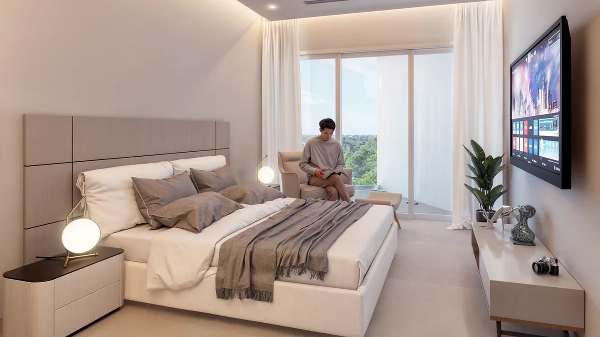 Image of a Modern Bedroom, featuring Floor-to-Ceiling Windows and Private Balcony.