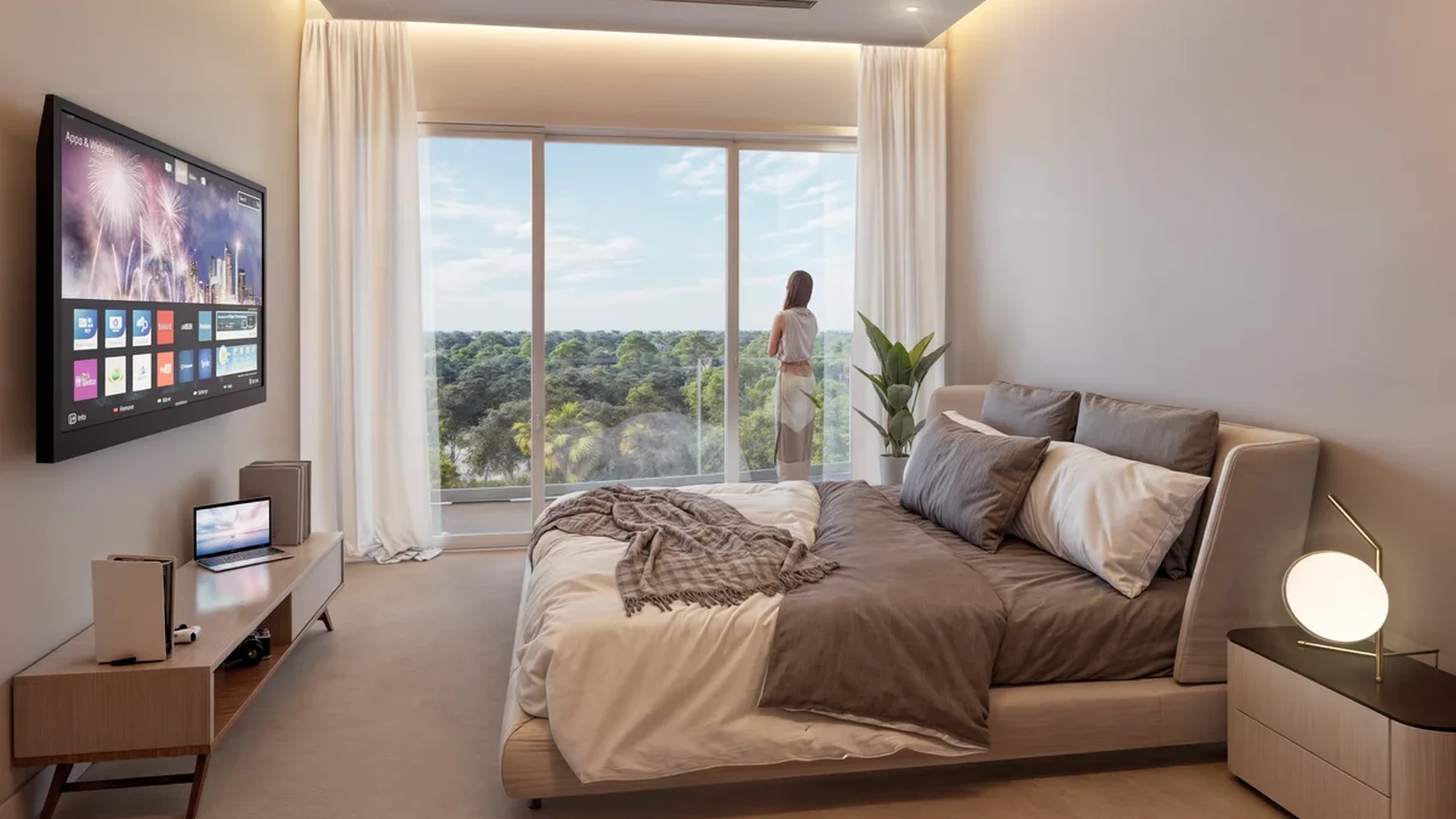 Image of a Spacious Bedroom, featuring Private Balcony and Floor-to-Ceiling Windows.