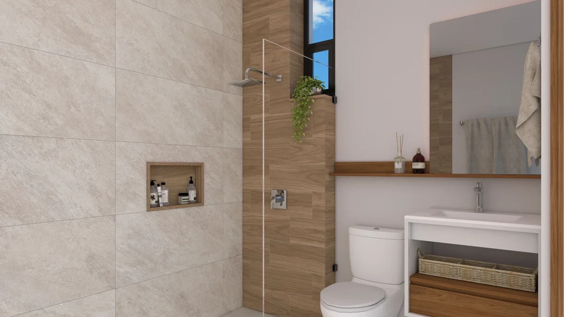 Image of a Modern Bathroom, featuring Walk-in Shower and Rainfall Showerhead.