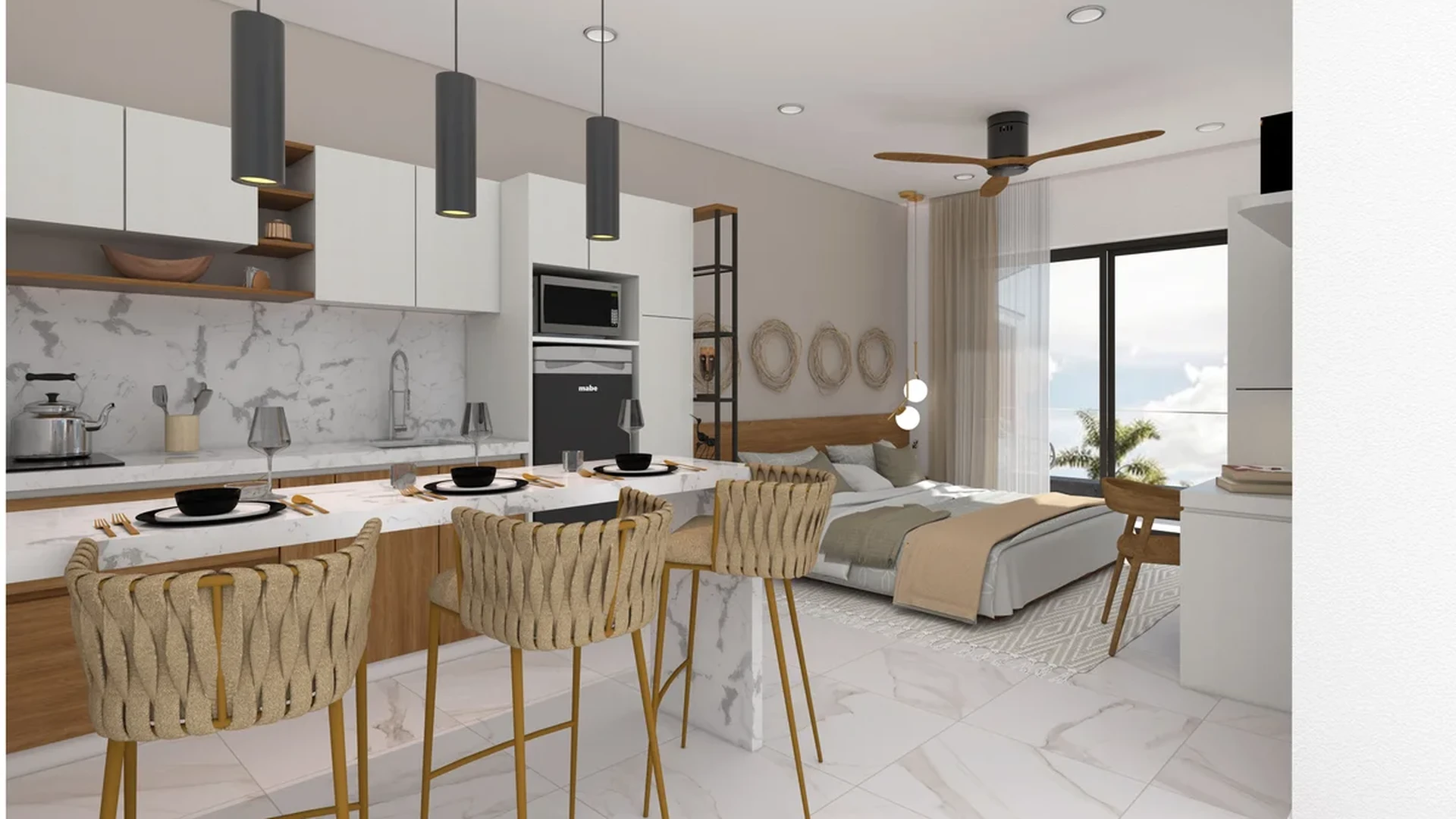 Image of a Open-Concept Studio, featuring Modern Kitchenette and Marble Countertops.