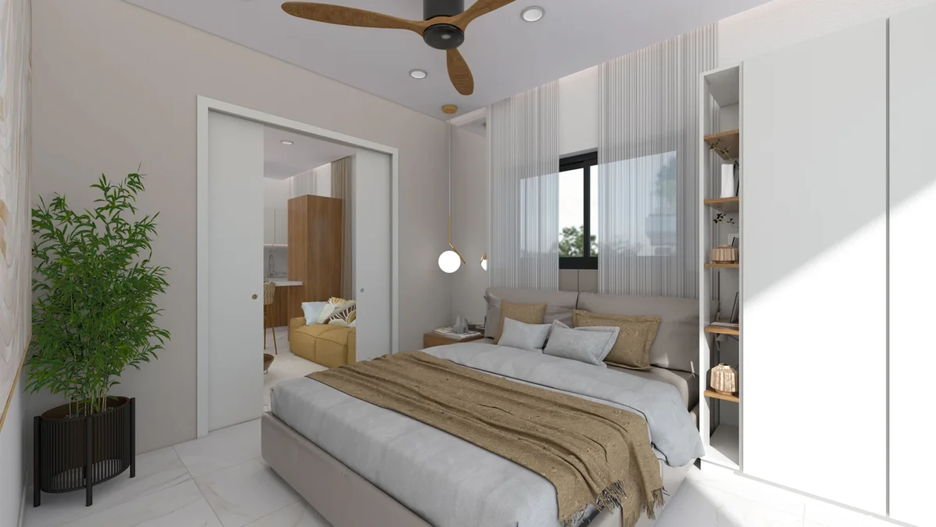 Image of a Modern Bedroom, featuring Marble-Look Tile Floors and Fluted Accent Wall.