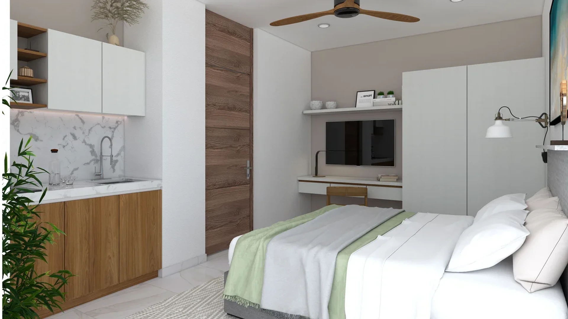 Image of a Modern Bedroom, featuring Kitchenette and Marble Countertops.