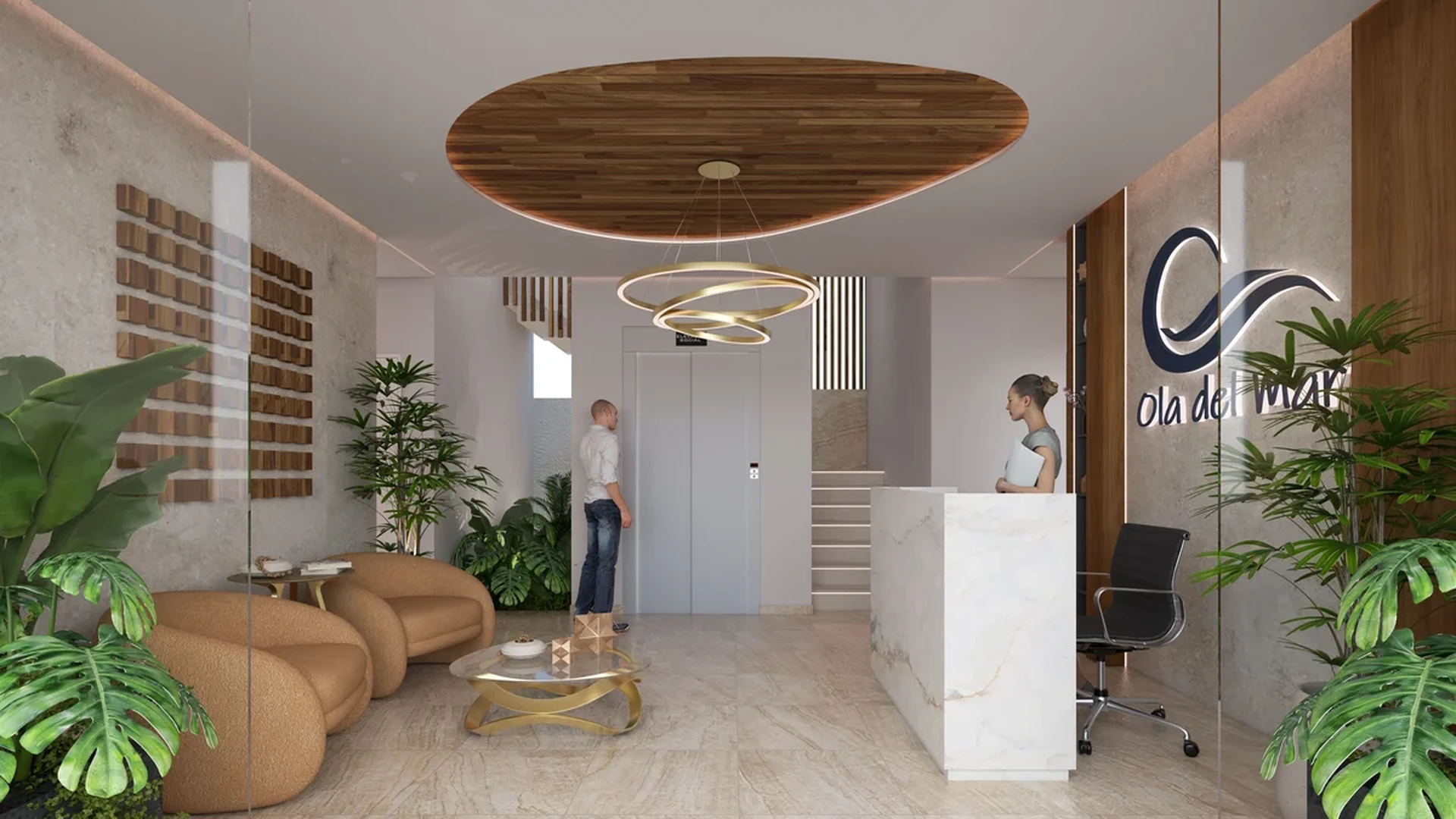 Image of a Modern Lobby, featuring Reception Desk and Marble Counter.