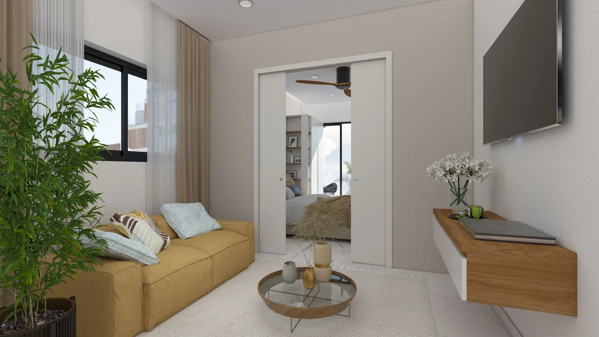 Image of a Modern Living Room, featuring Bright Interior and Marble Tile Floors.