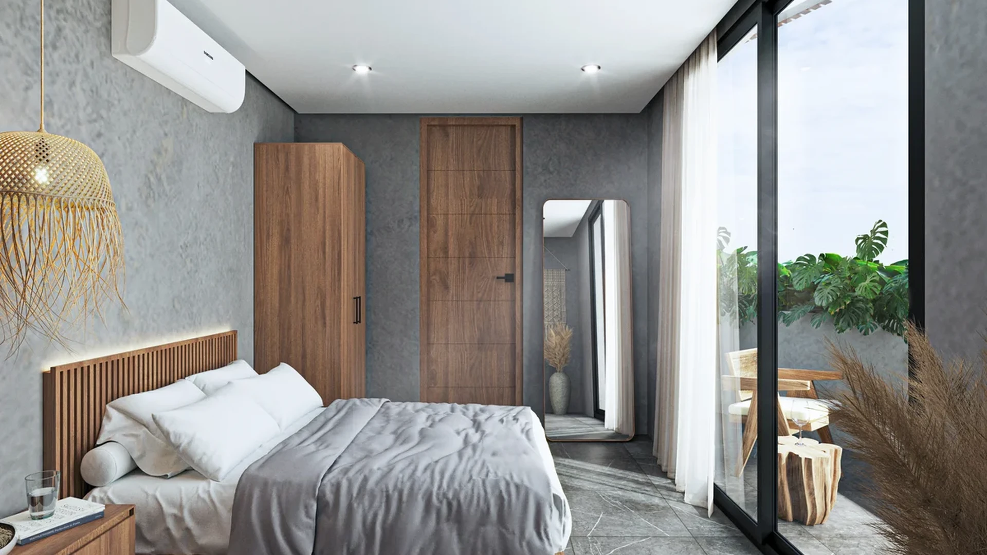 Image of a Modern Bedroom, featuring Private Balcony and Sliding Glass Doors.
