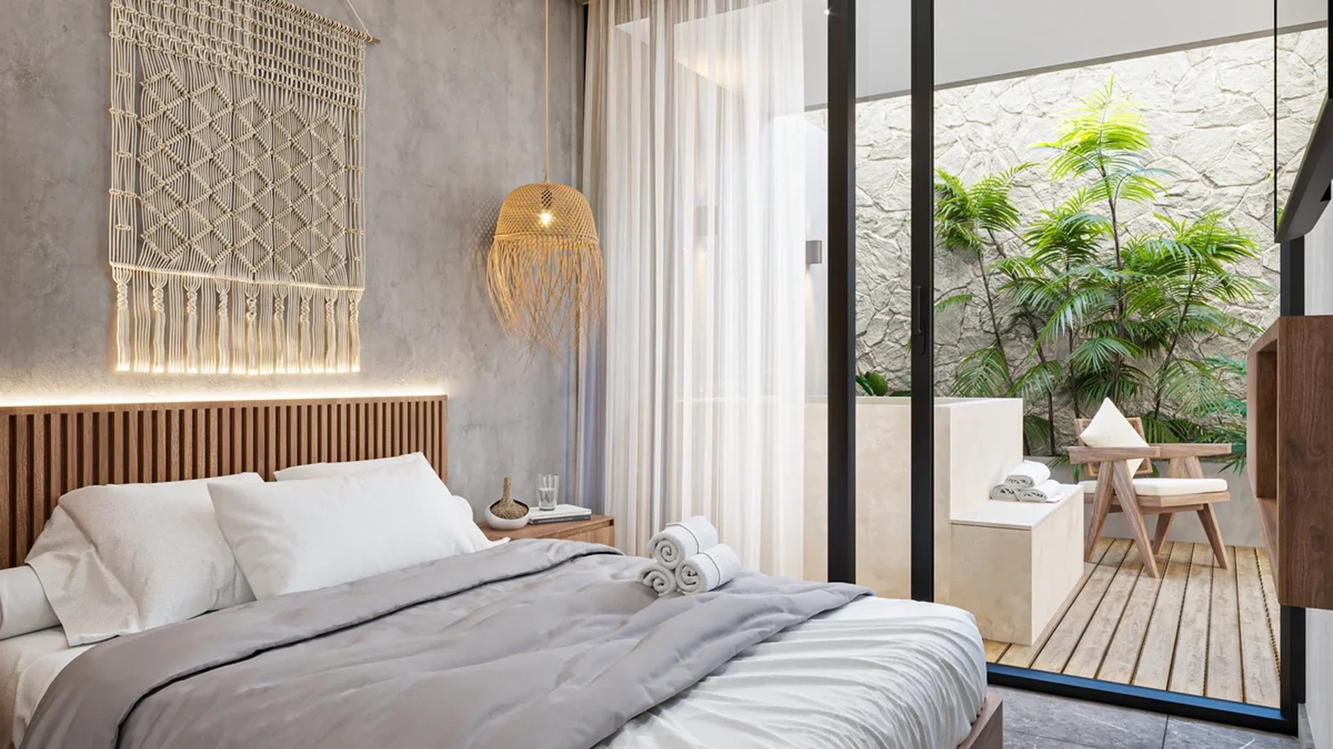 Image of a Modern Bedroom, featuring Private Patio and Outdoor Bathtub.