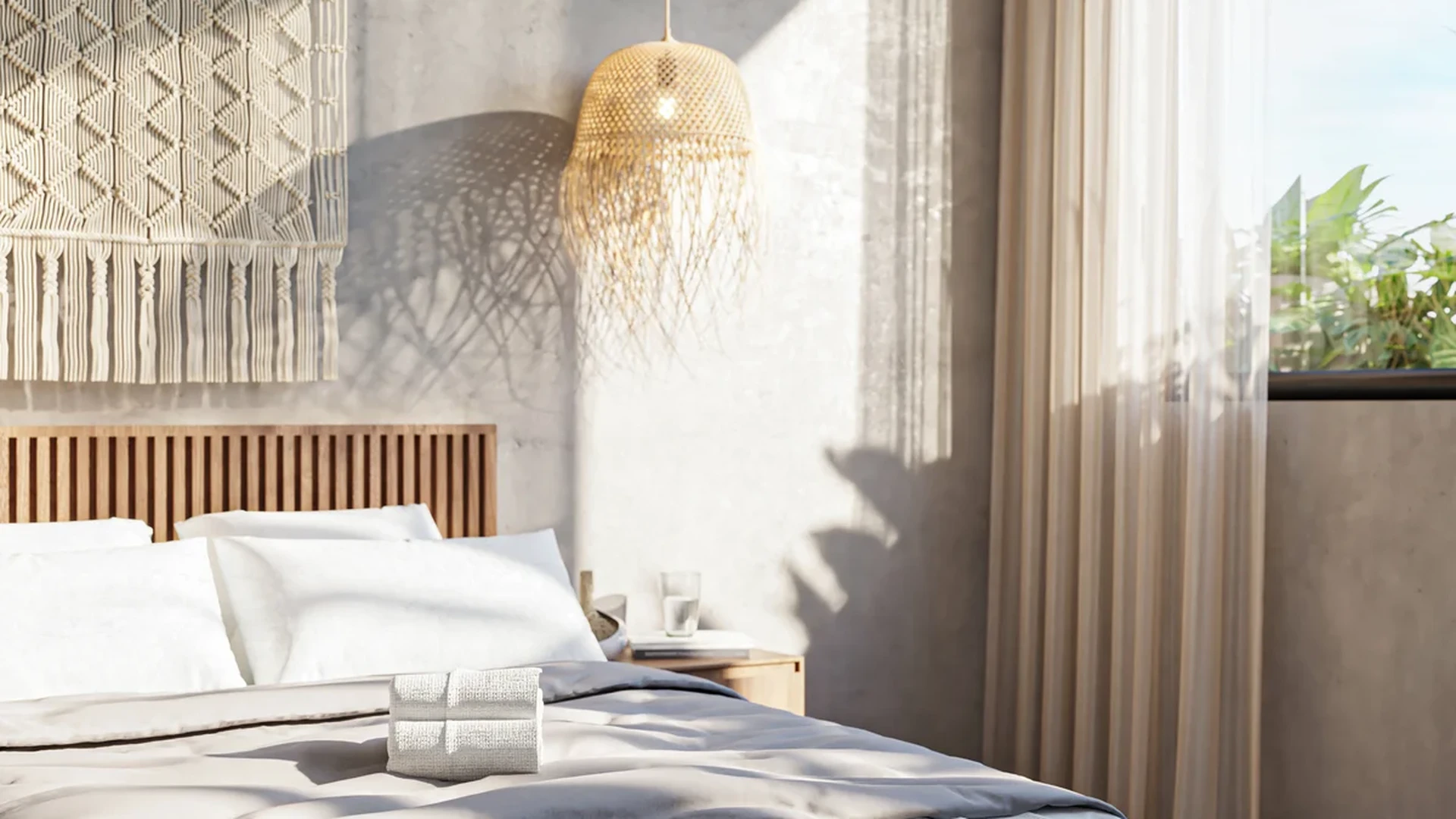 Image of a Sunlit Bedroom, featuring Bohemian Decor and Natural Materials.