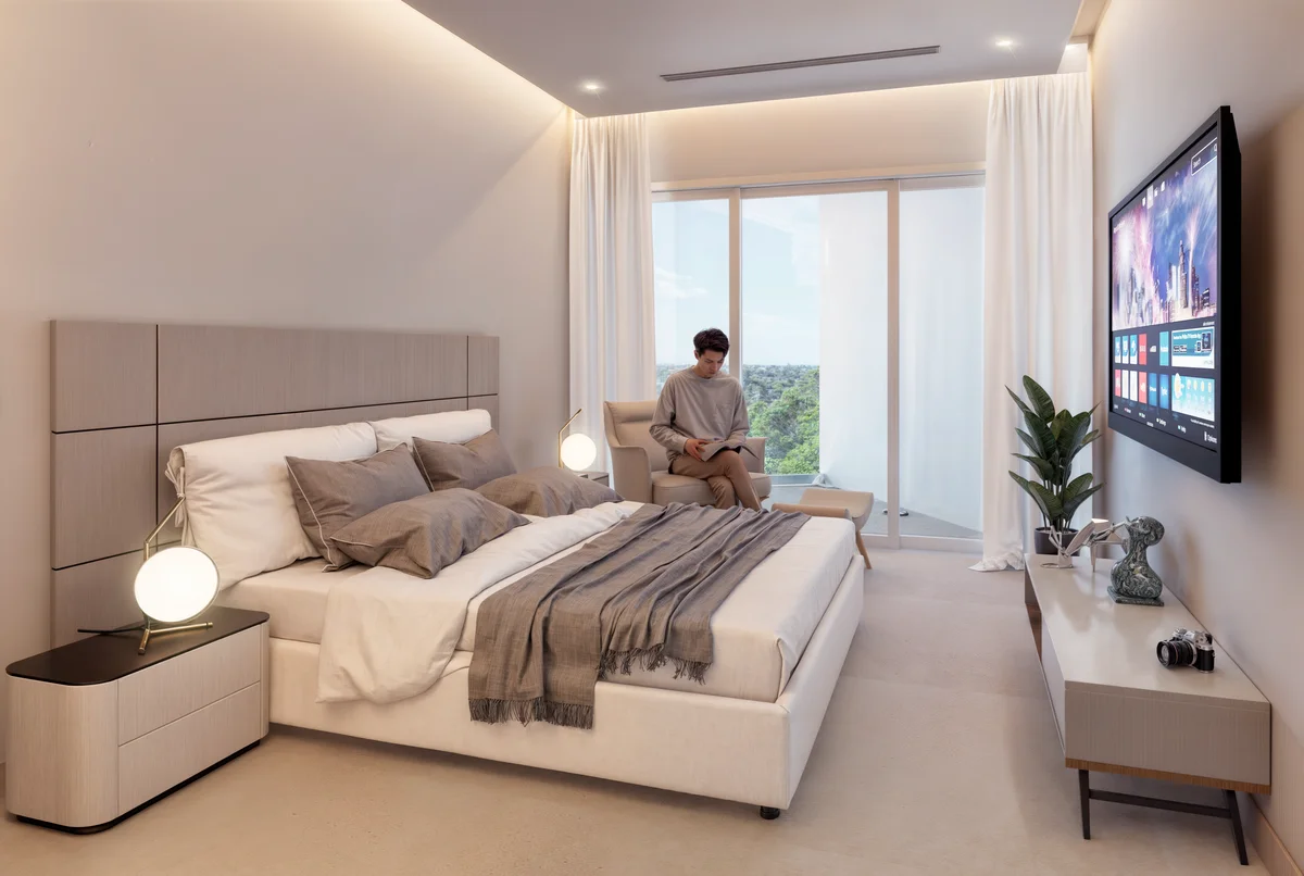 Image of a Modern Bedroom, featuring Floor-to-Ceiling Windows and Private Balcony.