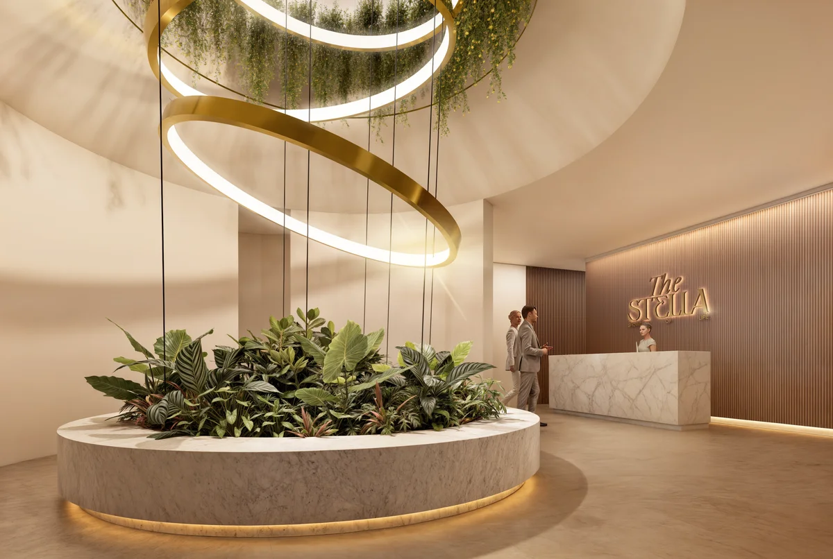 Image of a Elegant Lobby, featuring Marble Reception Desk and Statement Chandelier.
