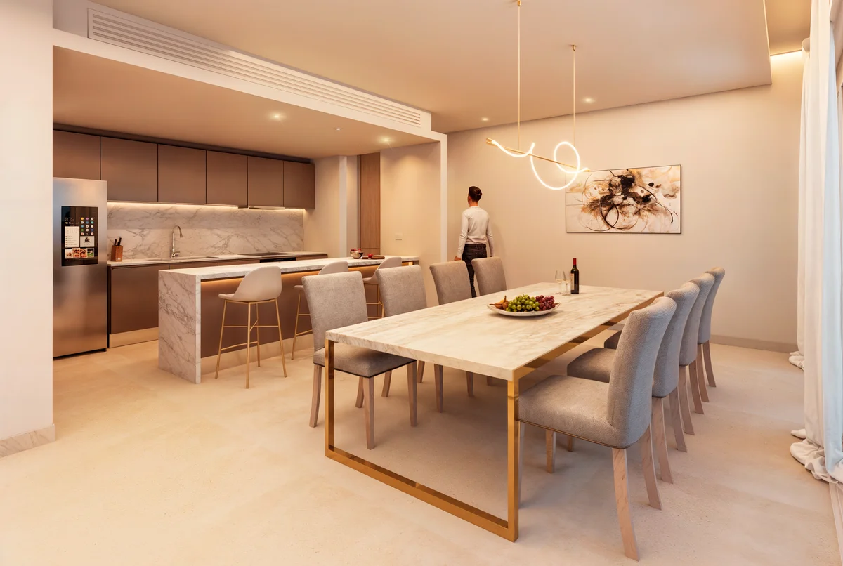 Image of a Open Plan Kitchen, featuring Modern Dining Area and Marble Countertops.