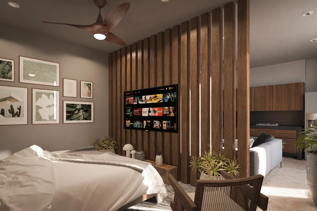 Image of a Studio Bedroom, featuring Wood Slat Partition and Open Concept Living.