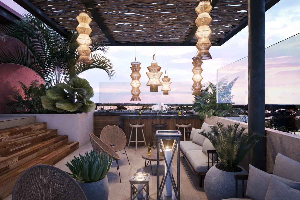 Image of a Rooftop Terrace, featuring Outdoor Bar and Lounge Seating.