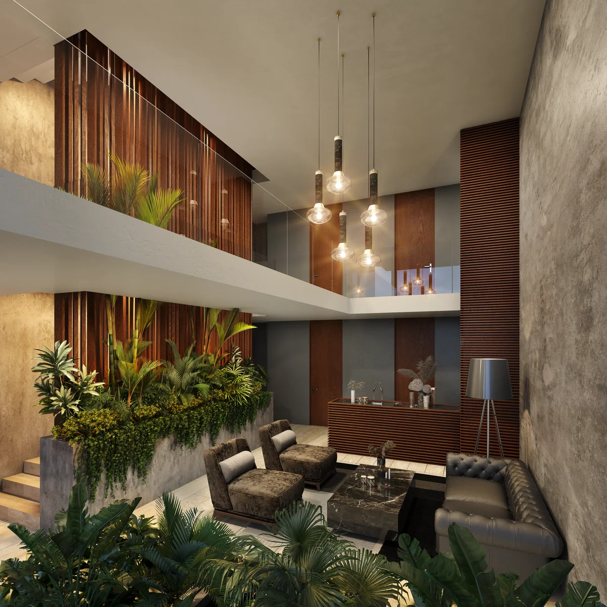 Image of a Modern Lounge, featuring Mezzanine Level and High Ceilings.