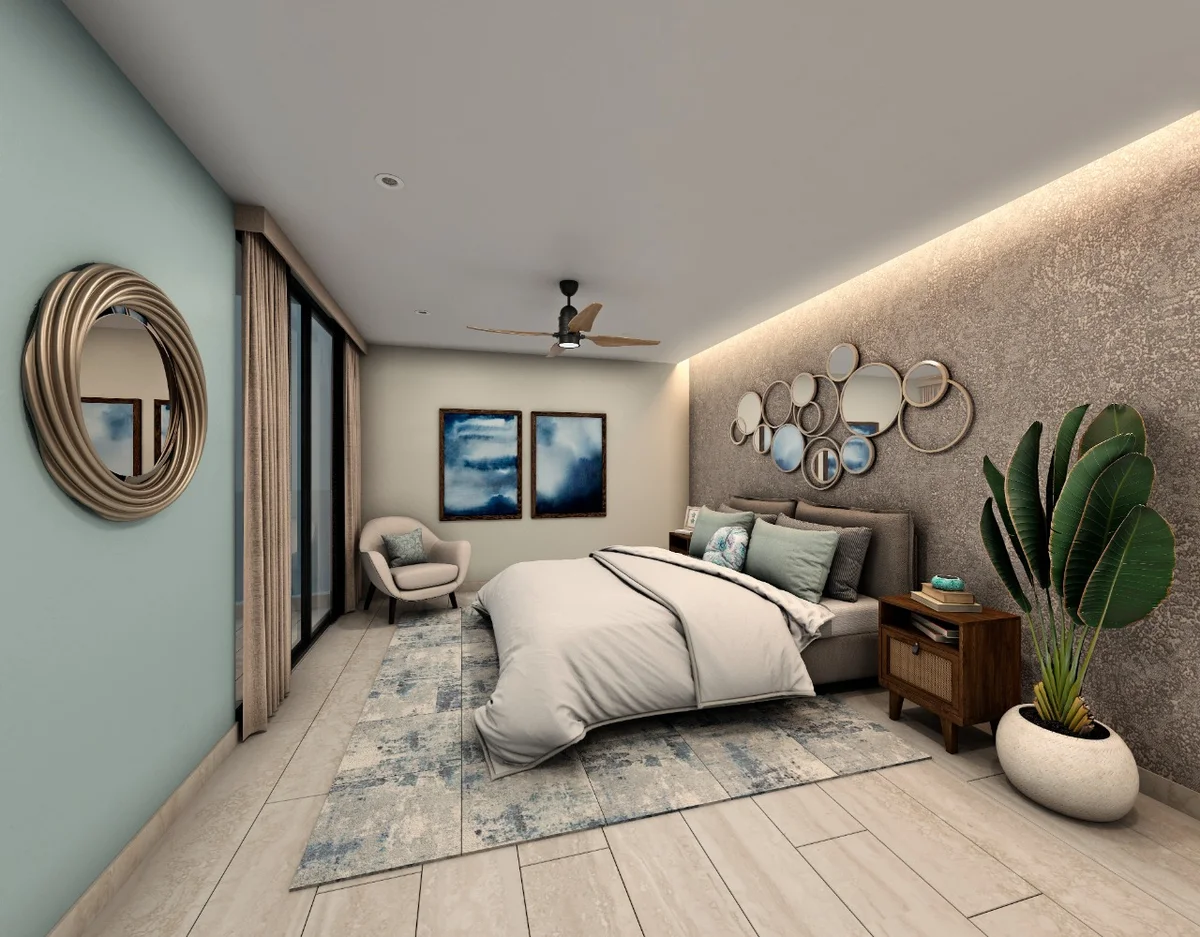 Image of a Master Bedroom, featuring Modern Decor and Textured Accent Wall.
