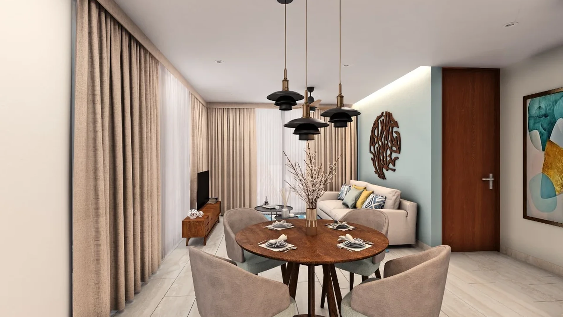 Image of a Open Concept Living, featuring Dining Area and Modern Design.