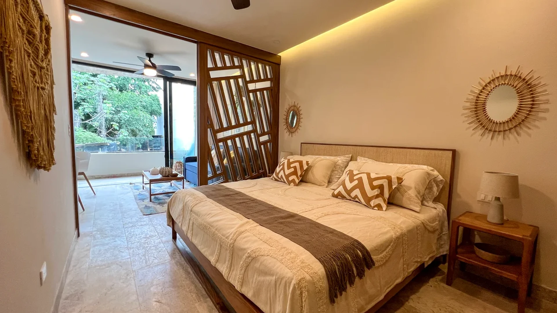 Image of a Master Bedroom, featuring Private Balcony and Bohemian Style Decor.