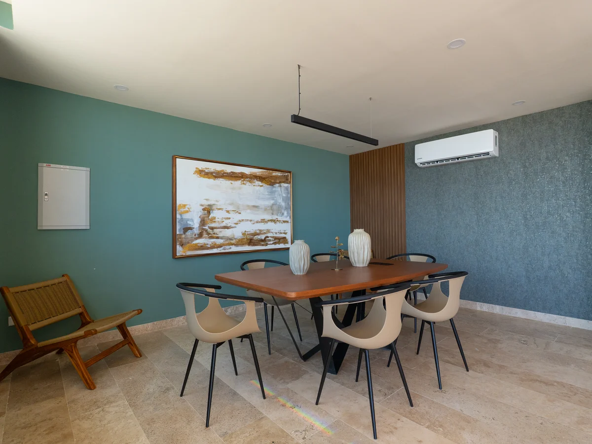 Image of a Dining Area, featuring Modern Design and Travertine Tile Flooring.
