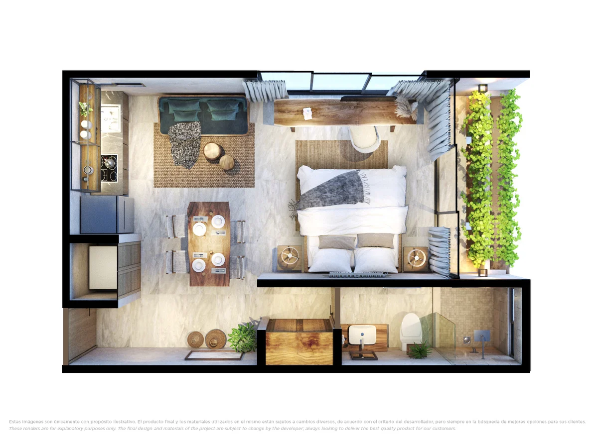 Image of a Studio Apartment, featuring Open-Concept Layout and Private Balcony.