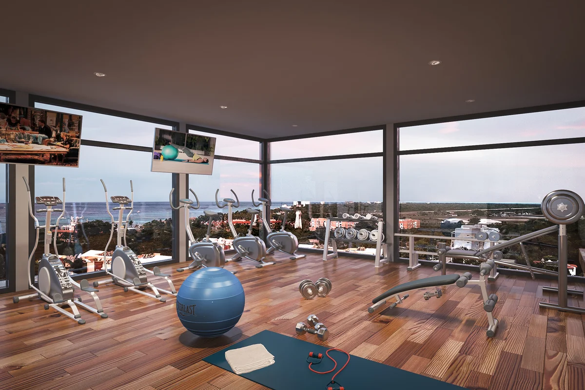 Image of a Fitness Center, featuring Ocean View and Floor-to-Ceiling Windows.