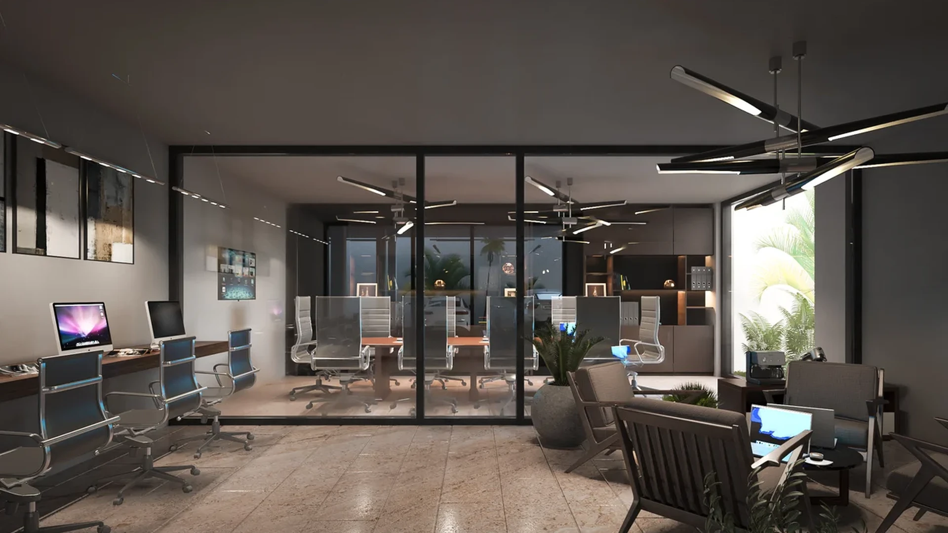 Image of a Modern Office, featuring Coworking Space and Glass-Walled Conference Room.