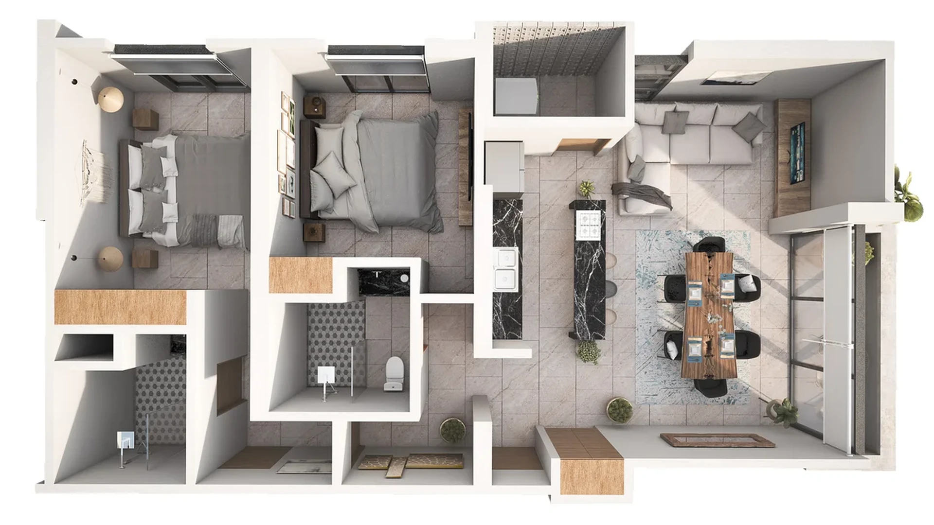Image of a Three-Bedroom Floor Plan, featuring Open-Concept Living and Kitchen Island with Seating.