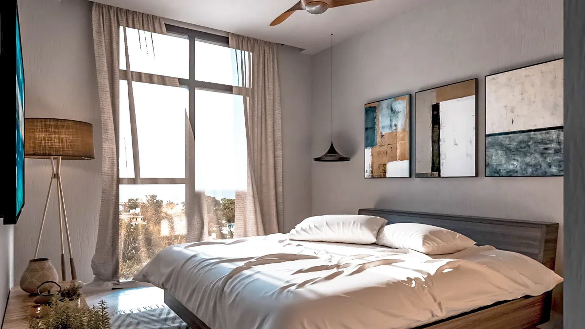 Image of a Master Bedroom, featuring Natural Light and Floor-to-Ceiling Windows.