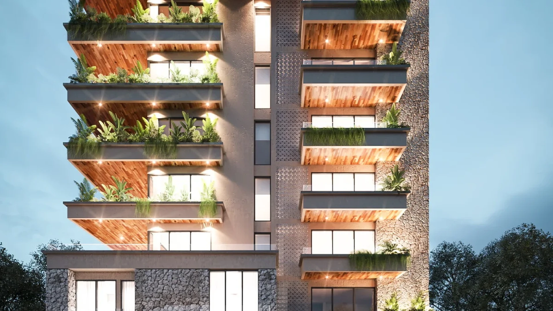 Image of a Modern Apartment Building, featuring Private Balconies and Stone Facade.