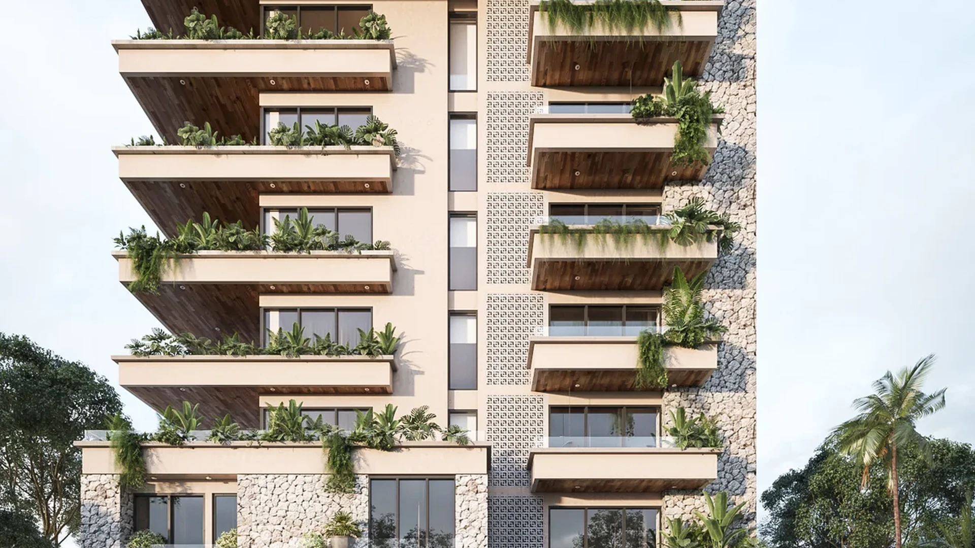 Image of a Modern Architecture, featuring Private Balconies and Stone Facade.