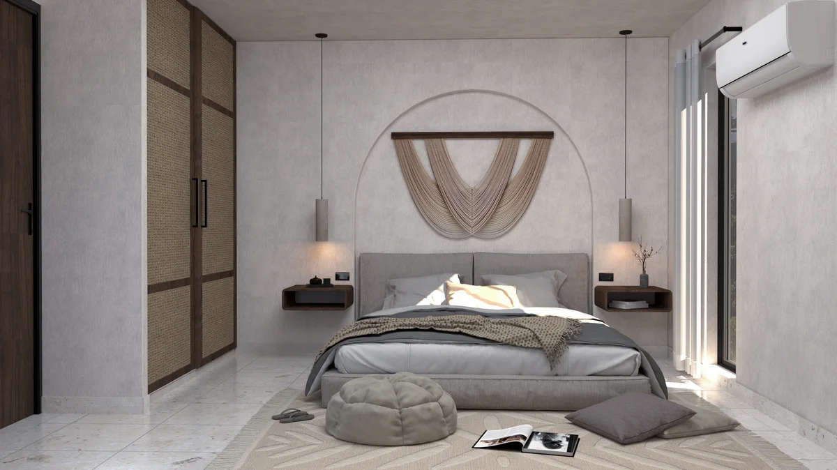 Image of a Modern Bedroom, featuring Japandi Style Decor and Marble Tile Flooring.